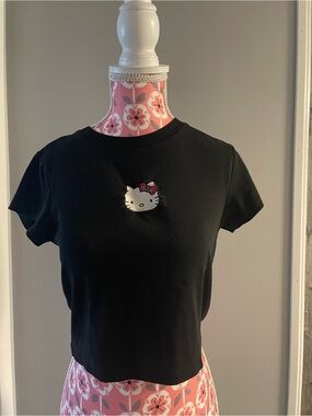 Hello Kitty Black Cropped Tee with Red Bow Embroidery